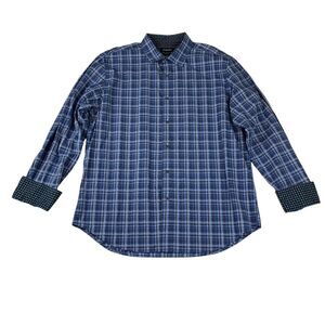 Bugatchi Shirt Mens Large Blue Plaid Diamond Flip Cuff Cotton Shaped‎ Fit